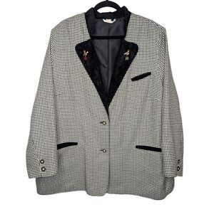 Vintage Black & White Houndstooth Blazer Jacket 2XL/3XL Women's Embroidered